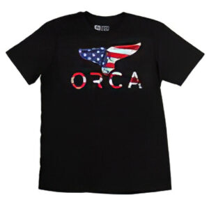 T-Shirt with American Flag Orca Logo, Black, Unisex M
