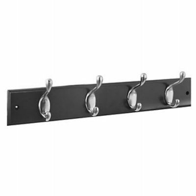 Coat & Hat Hook Rail, 4 Satin Nickel Hooks, Black Rail, 18 In.
