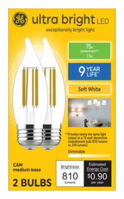 LED Decorative Flame Ultra Bright Light Bulb, Medium Base, Soft White, 7.5 Watt, 2-Pk.