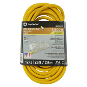 Outdoor Power Block Extension Cord, Yellow, 12/3 , 25 Ft.