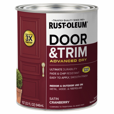 Door and Trim Paint, Interior/Exterior, Water Based, Satin Cranberry, Quart