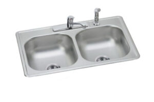 Dayton Stainless Steel Kitchen Sink + Faucet & Spray, Satin Finish, Double Bowls, 4 Holes, 33 x 22 In.
