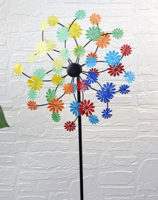 Solar LED Wind Spinner Stick Light, Multi Color Flowers, Crackle Glass Ball, 43 In. High