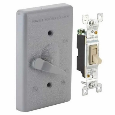 1-Gang Weatherproof Switch Cover, Vertical, Toggle Single Pole 125V, 15A Switch Included, Gray