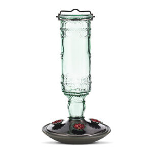 Antique Bottle Glass Hummingbird Feeder, Green