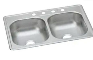 Dayton Stainless Steel Kitchen Sink, Satin Finish, Double Bowls, 4 Holes, 33 x 22 In.