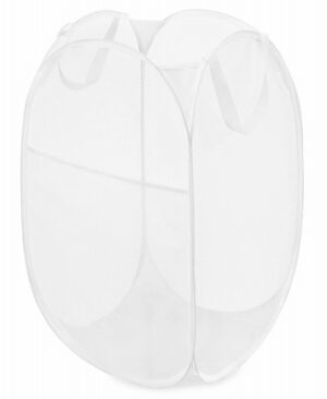 Pop & Fold Laundry Hamper, White Mesh Fabric, Wire Frame, Collapsible