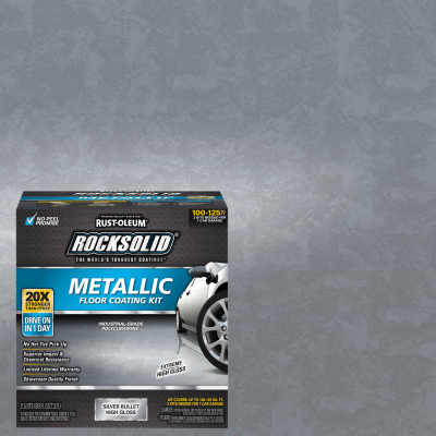 Rocksolid Garage Floor Coating Kit, Silver Bullet Metallic, Covers