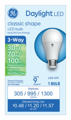 LED 3-Way Light Bulb, A19 Medium Base, Daylight, 3/9/13 Watt