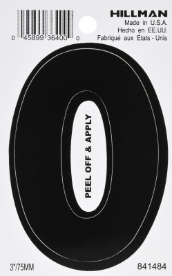 Adhesive House Address Number 0, Black Vinyl, 3 In.
