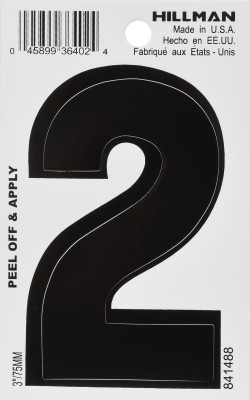 Adhesive House Address Number 2, Black Vinyl, 3 In.