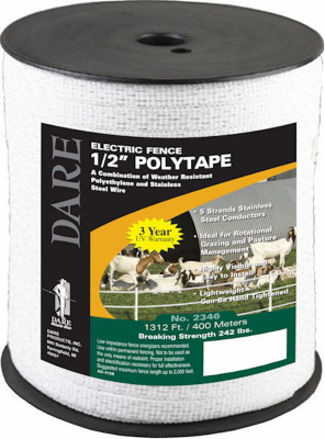 Electric Fence Tape, White Poly & 5-Wire Stainless Steel, 1/2 In. x 1,312 Ft.
