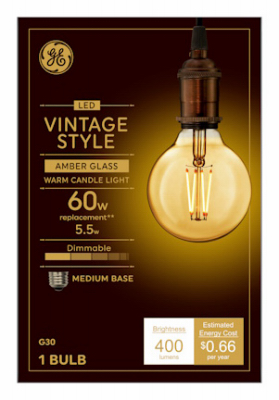 LED Vintage Light Bulb, G30, Warm White, Amber Bulb, 400 Lumens, 5.5 Watt