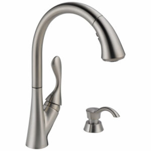 Ashton High Arc Kitchen Faucet With Pull-Down ShieldSpray + Soap Dispenser, Single Handle, Stainless Steel;