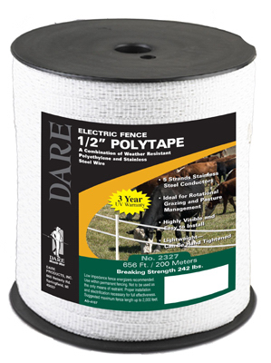 Electric Fence Tape, White Poly & 5-Wire Stainless Steel, 1/2 In. x 656 Ft.