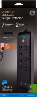 Surge Protector, 7 Outlets, 2 USB, 1780 Joules, 3 Ft. Cord