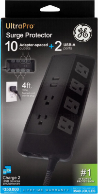 Surge Protector, 10 Outlets, 2 USB, 3540 Joules, 4 Ft. Cord
