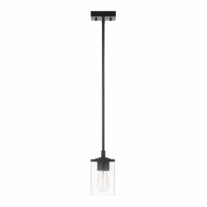 1-Light Pendant Lighting, Glass Shade, Matte Black