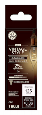 LED Vintage Candle Shaped Light Bulb, Warm White, Clear Bulb, 125 Lumens, 3 Watt