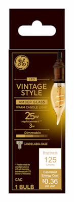 LED Vintage Candle Shaped Light Bulb, Warm White, Amber Bulb, 125 Lumens, 3 Watt