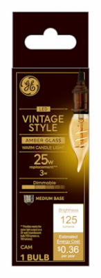 LED Vintage Candle Shaped Light Bulb, Warm White, Amber Bulb, 125 Lumens, 3 Watt