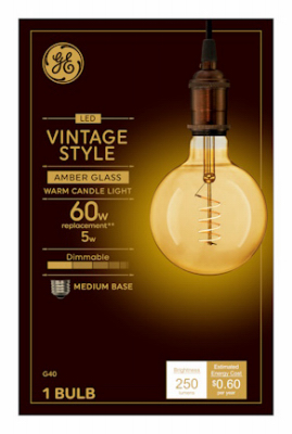 LED Vintage Light Bulb, G40, Warm White, Amber Bulb, 250 Lumens, 5 Watt