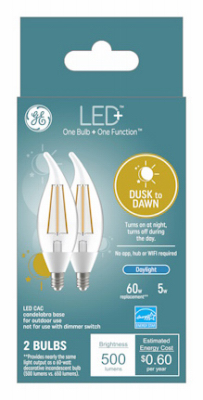 LED+ Light Bulbs, Daylight, Dusk-to-Dawn, Candelabra Base, 5 Watt, 2-Pk.