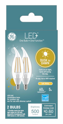 LED+ Light Bulbs, Soft White, Dusk-to-Dawn, Candelabra Base, 5 Watt, 2-Pk.