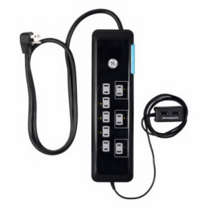 8-Outlet Surge Protector, USB Tether, Black, 4 Ft. Cord
